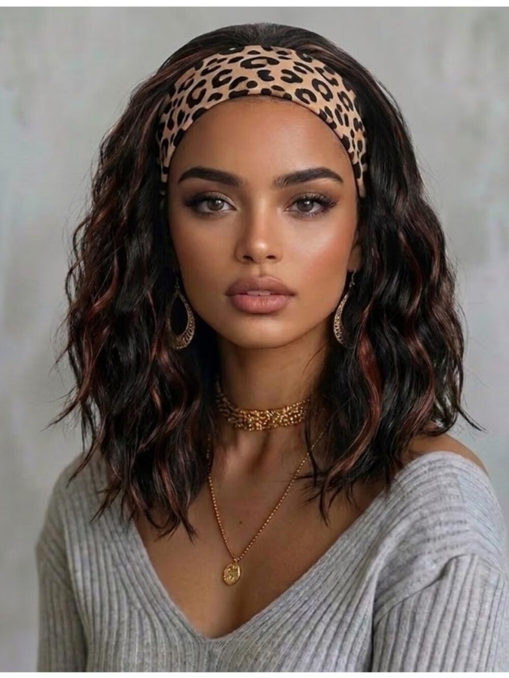 Short Wavy Headband Wig Synthetic Black with Auburn Highlights Glueless 14"